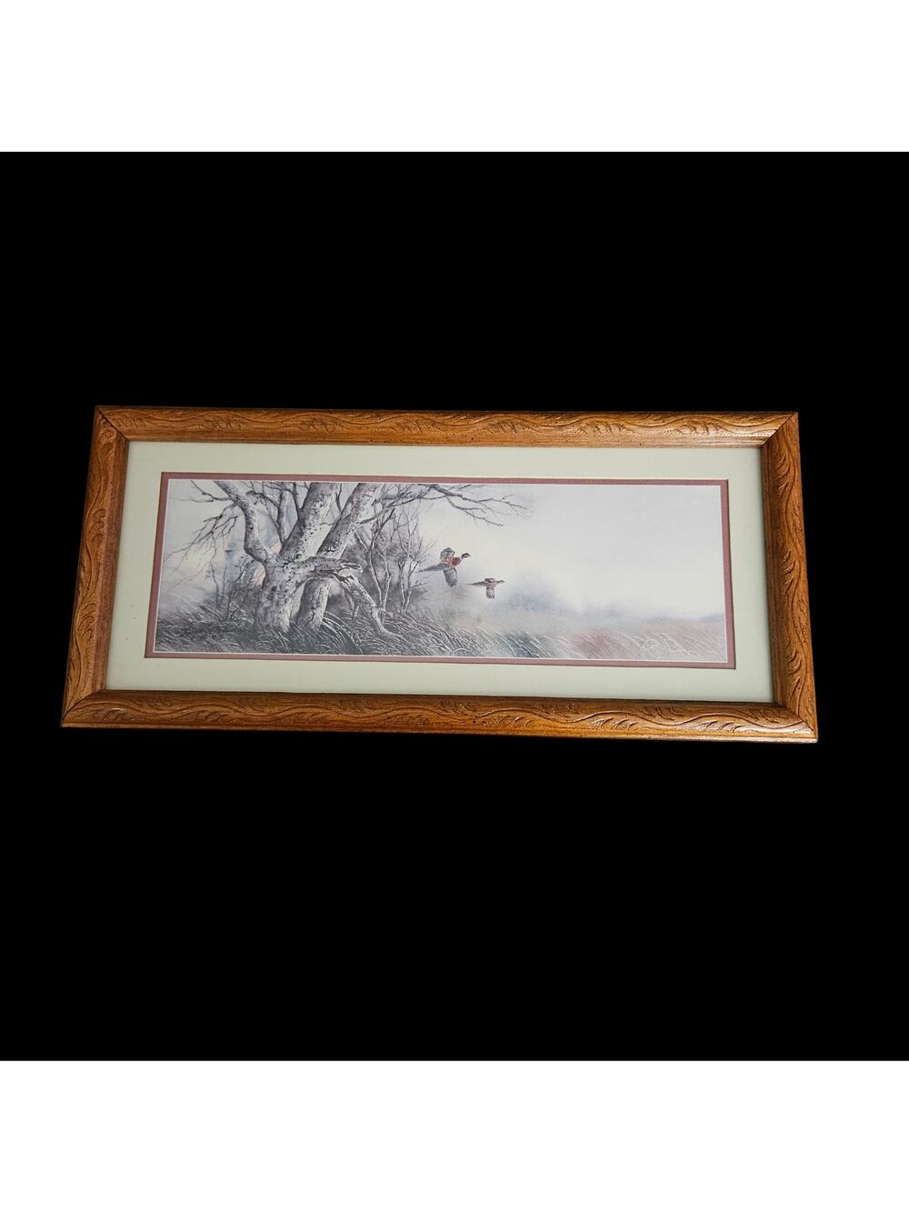 Framed Pheasant Wildlife Print Signed 1983 Rustic Country Wall Art